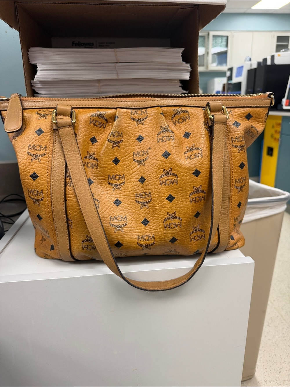 MCM Cognac Visetos Logo Print Leather Tote
